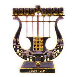 Harp Shaped Chanukah Menorah Hand Painted Enamel on Pewter + Swarovski Crystals
